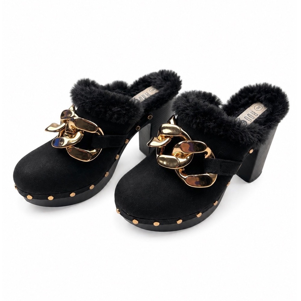 Rouge Vintage Y2K Black Faux Fur Gold Chain Platform Mules Women's Size 8